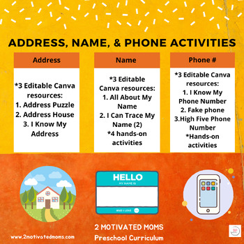 Preview of Address, Name, Phone Number, Activities, Preschool, Kindergarten, First Grade