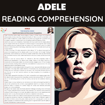 Preview of Adele Biography Reading Comprehension | Pop Soul Music Mezzo Soprano Vocals