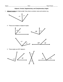 Preview of Adjacent, Vertical, Supplementary, and Complementary Angles - Notes