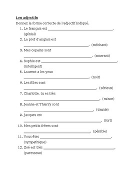 Adjectifs (French Adjectives) Worksheet 8 by jer520 LLC | TPT