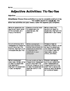 Preview of Adjective Activities - Tic-Tac-Toe
