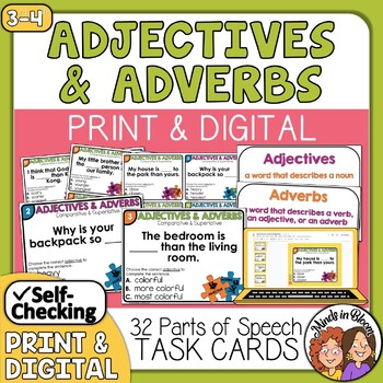 Preview of Adjectives & Adverbs Task Cards | Comparative and Superlative | Print & Digital