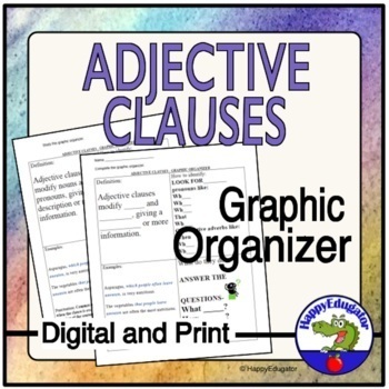 Preview of Adjective Clauses Graphic Organizer Digital and Printable with Worksheet