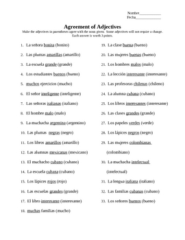 Preview of Adjective Noun Agreement Spanish Worksheet