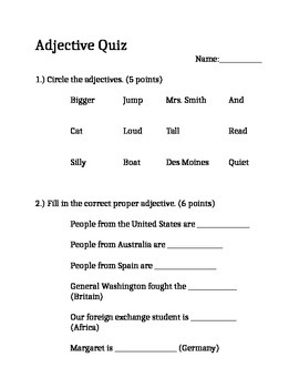 adjective quiz by cheyenne mathias teachers pay teachers