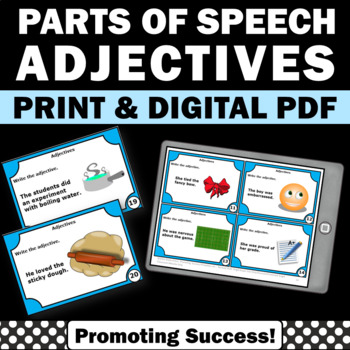 Preview of Adjectives Parts of Speech Review Task Cards Games Activities Grammar Practice