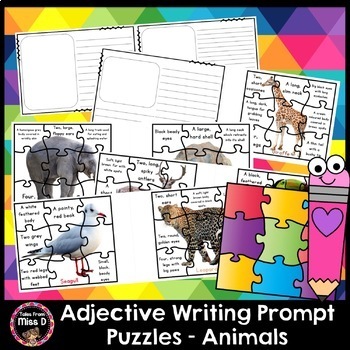 Preview of Adjective Writing Prompt Puzzles - Animals