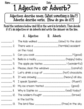 Preview of Adjective and Adverb Worksheets Common Core L.2.1e