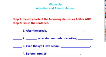 Preview of Adjective and Adverb clause ActivInspire Warm Up