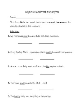 Preview of Adjective and Verb Synoynms