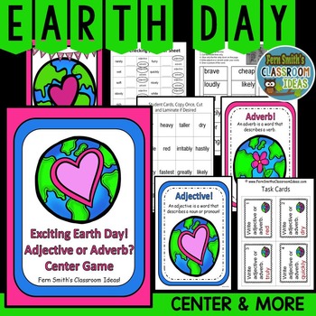 Preview of Adjective or Adverb? Earth Day Task Cards, Center Games, Printables and