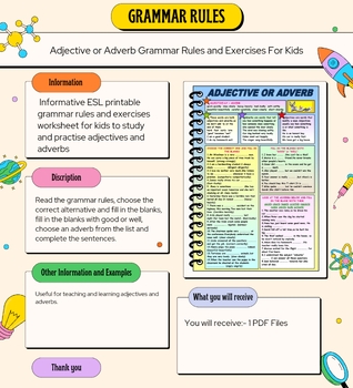 Preview of Adjective or Adverb Grammar Rules and Exercises For Kids | Grammar Worksheets