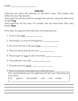Adjective worksheet/homework by Miss Kiss | TPT