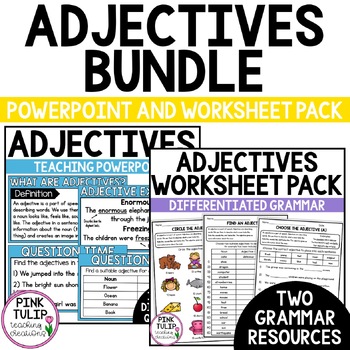 Preview of Adjectives Bundle - Worksheet Pack and Guided Teaching PowerPoint