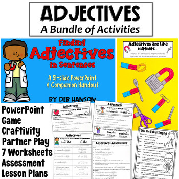 Preview of Adjectives Bundle: Worksheets, PowerPoint, Craft, Activities with Lesson Plans