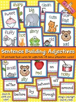 Preview of Adjectives Flash Cards & Bonus Prepositions - Sentence Building, Parts of Speech
