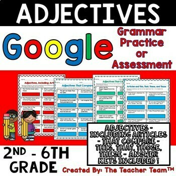 Preview of Adjectives Grammar Practice or Assessment Worksheets | Google Slides