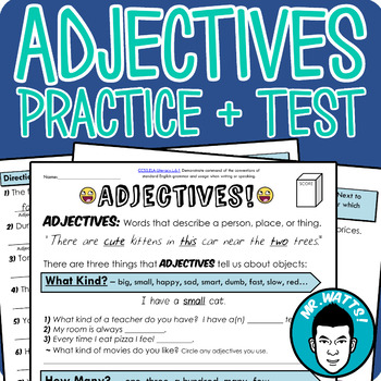 Preview of Adjectives Grammar Worksheet Packet + Test (Digital Distance Learning Enabled!)