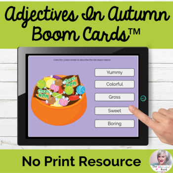 Preview of Using Adjectives To Describe Fall Boom Cards™ Speech Therapy | Distance Learning