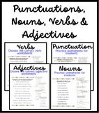 Adjectives, Nouns, Verbs, Punctuations Worksheets for Grad