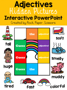Preview of Adjectives, Parts of Speech - PowerPoint Game Hide and Reveal