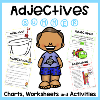 Preview of Adjectives Unit with Summer Reading Passages and Summer Activities