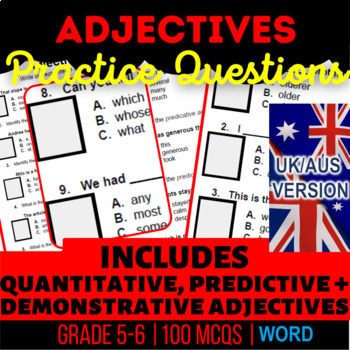 Preview of Adjectives Workbook: Demonstrative, Quantitative, Predicative UK/AUS Spelling
