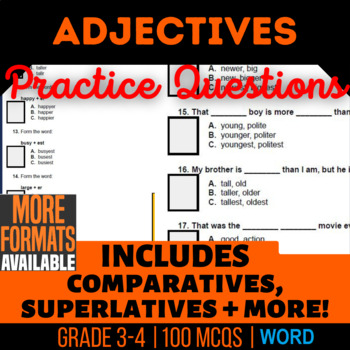 Preview of Adjective Word Worksheets Incl Comparative Superlative Descriptive 3rd 4th Grade