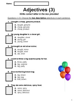 Preview of Adjectives Worksheets Multiple Choice Worksheet 3 (Grade 3-4)
