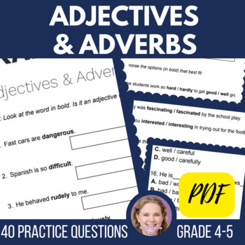 Preview of Adjectives and Adverbs Grammar Worksheets with Questions for 4th and 5th Grade