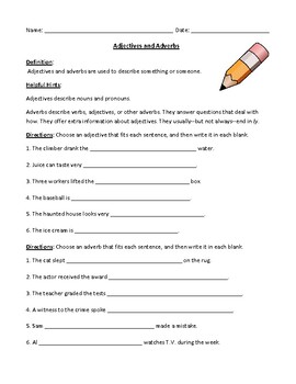 Preview of Adjectives and Adverbs: Worksheet or Homework with Comprehensive Answer Key