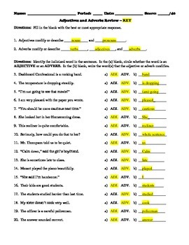 adjectives and adverbs review worksheet and quiz by bradley thompson