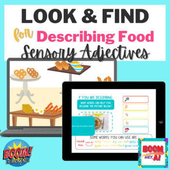 Preview of Adjectives for Describing food BOOM CARDS printable GOOGLE SLIDES speech therapy