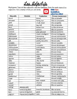 Preview of Adjectives in French, Les Adjectifs