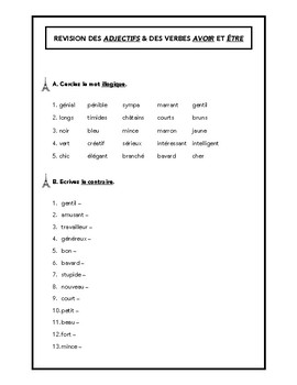 Preview of Adjectives, verbs "avoir" & "être" worksheet in French