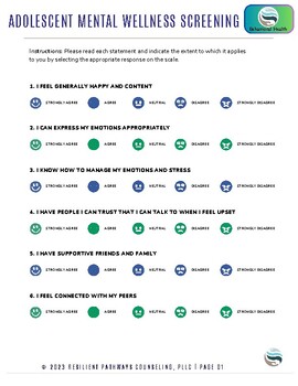 Preview of Adolescent Mental Wellness Screening (Printable Behavioral Health Tool)