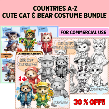 Preview of Countries A-Z Cat & Bear Costume Bundle. / Around the World  Clipart Bundle