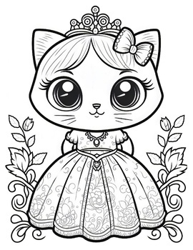 Cat Princess Coloring Page Bundle, Kawaii Coloring Pages