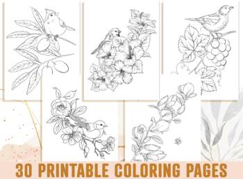 PDF, JPEG Printable Adult Coloring Page. Digital Birds and Flowers