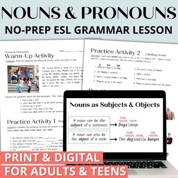 Preview of Adult ESL Beginner Grammar Worksheets, Activities, & Lesson - Nouns & Pronouns