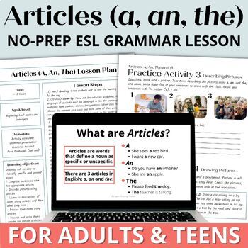 Preview of Adult ESL Beginner Grammar Worksheets, Activities & Lesson Plan - Articles