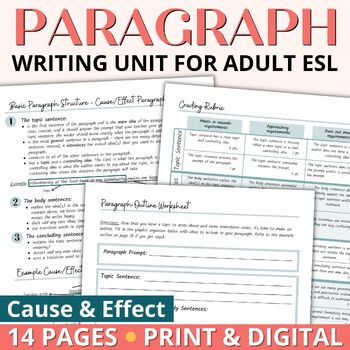 Preview of Adult ESL Paragraph Writing Unit with Worksheets & Rubric - Cause & Effect