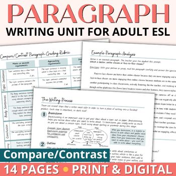 Preview of Adult ESL Paragraph Writing Unit with Worksheets & Rubric - Compare and Contrast