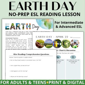 Preview of Adult ESL Earth Day Reading Comprehension Passage & Activities - No Prep Lesson