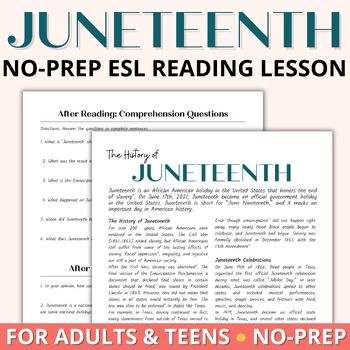 Preview of Juneteenth Reading Comprehension Passage and Activities for Adult ESL and ELL