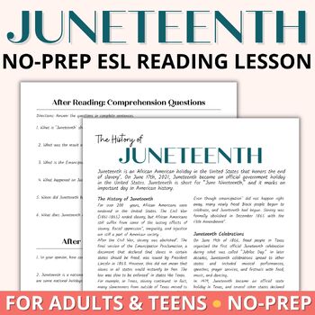 Preview of Juneteenth Reading Comprehension and Activities for Adult ESL and ELL Newcomers