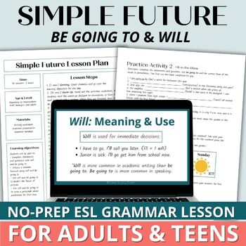 Preview of Adult ESL English Grammar Worksheets & Activities Simple Future Will Be Going To