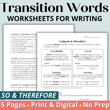 Preview of Adult ESL Transition Words Grammar Worksheets for Writing - So & Therefore
