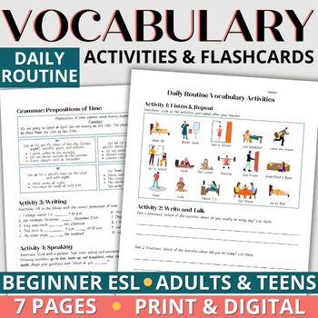 Preview of Beginner ESL Vocabulary Activities & Worksheets for Adults & Teens Daily Routine