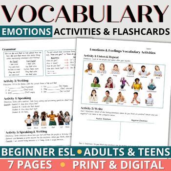 Preview of Beginner Adult ESL Vocabulary Activities Worksheets & Flashcards - Emotions